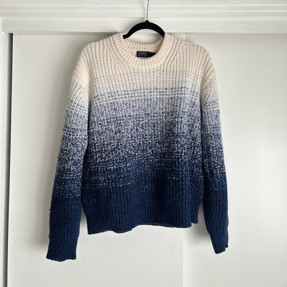 Wool and Cashmere Blend Polo Ralph Lauren Luxury Sweater in Cream and Navy Blue